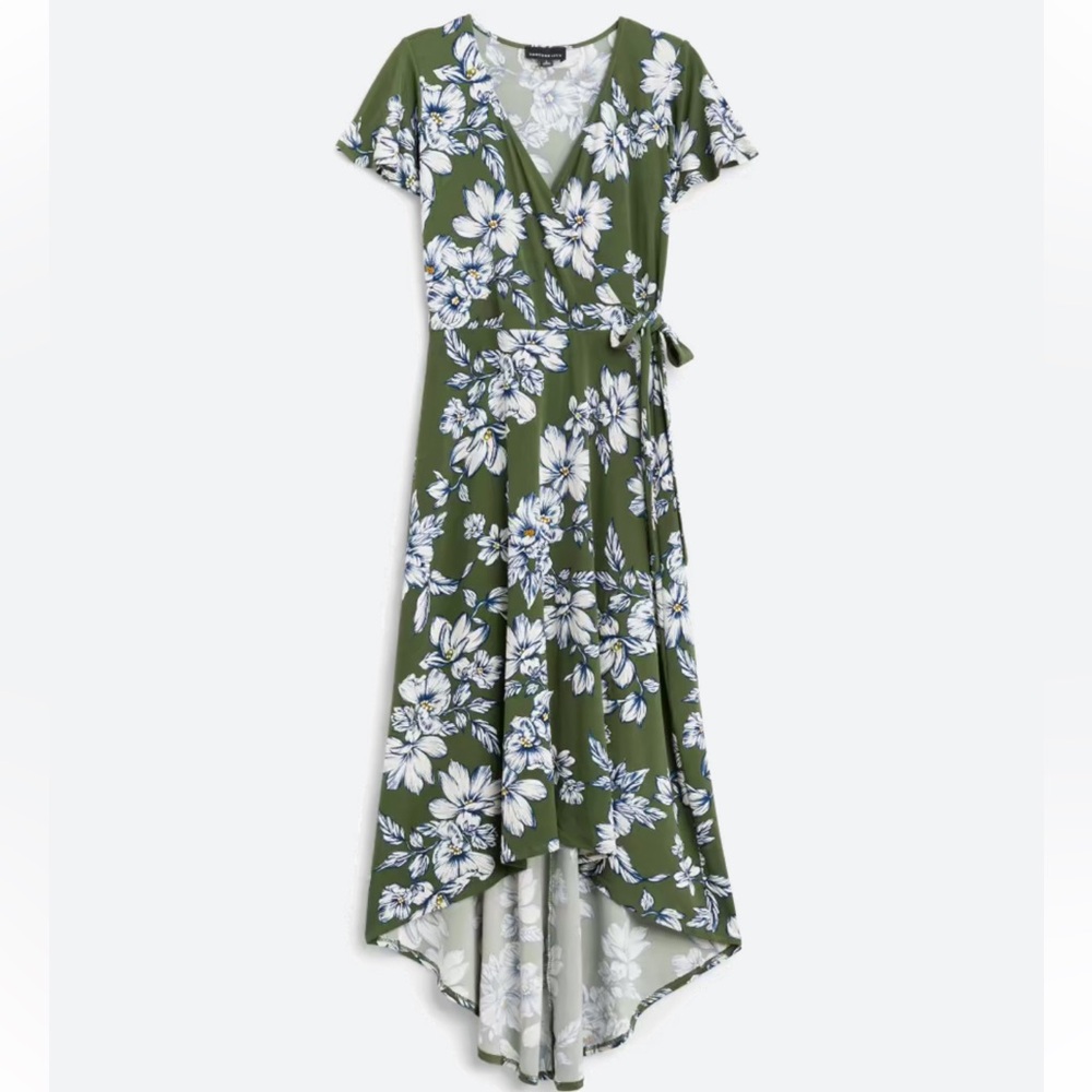 Fortune + Ivy Irene Faux Wrap Midi Dress, sz L, Olive & Floral.